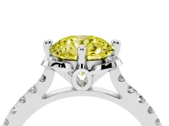Fancy Yellow Round Cut Diamond Solitaire Ring Set in White gold with Pavé Band and Floral Prong Setting
