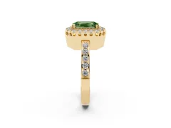 Fancy Green Emerald Cut Diamond Halo Ring Set in Yellow gold with Pavé Shank and Prong Setting
