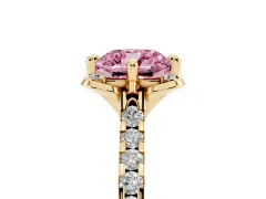 Fancy Pink Cushion Cut Diamond Solitaire Ring Set in Yellow gold with Pavé Band and Floral Prong Setting