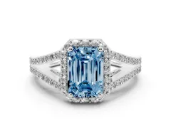Fancy Blue Emerald Cut Diamond Halo Split Shank Pavé Ring Set in Platinum with Prong Setting