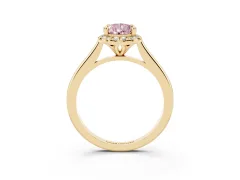 Fancy Pink Pear Cut Diamond Halo Engagement Ring Set in Yellow gold with Pavé Band and Rising Shoulders