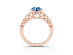 Fancy Blue Round Cut Diamond Halo Ring Set in Rose gold with Channel Set Band and Prong Setting