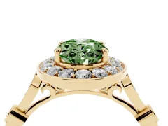 Fancy Green Oval Cut Diamond Halo Engagement Ring Set in Yellow gold with Twisted Band and Prong Setting