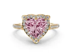 Fancy Pink Heart Cut Diamond Halo Ring Set in Yellow gold with Pavé-Lined Shoulders and Prong Setting