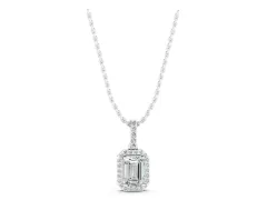 Emerald Cut Diamond Halo Pendant Set in White gold with Prong-Set Center