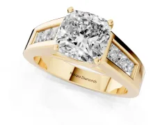 Cushion Cut Diamond Solitaire Ring Set in Yellow gold with Channel-Set Accent Stones and Prong Setting