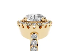 Round Cut Diamond Halo Ring Set in Yellow gold with Pavé Shank and Prong Setting