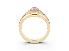 Fancy Pink Pear Cut Diamond Halo Ring Set in Yellow gold with Double Pavé Split Shank