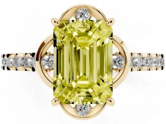 Fancy Yellow Emerald Cut Diamond Solitaire Ring Set in Yellow gold with Pavé Band and Floral Prong Setting