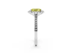 Fancy Yellow Emerald Cut Diamond Cushion Halo Ring Set in White gold with Pavé Band