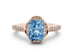 Fancy Blue Radiant Cut Diamond Halo Ring Set in Rose gold with Channel Set Band and Prong Setting