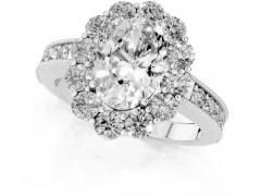 Oval Cut Diamond Halo Pavé Engagement Ring Set in Platinum with Milgrain Detailing