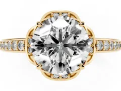 Round Cut Diamond Halo Ring Set in Yellow gold with Channel Set Band and Prong Setting