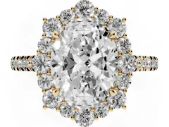 Oval Cut Diamond Halo Ring Set in Yellow gold with Pavé Band and Prong Setting