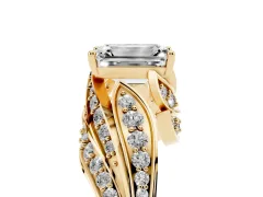 Emerald Cut Diamond Solitaire Ring Set in Yellow gold with Layered Twist Pavé Band