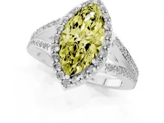 Fancy Yellow Marquise Cut Diamond Halo Split Shank Pavé Ring Set in Platinum with Prong Setting