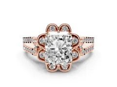 Radiant Cut Diamond Floral Halo Split Shank Engagement Ring Set in Rose gold with Pavé Shank