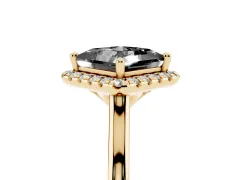 Fancy Black Princess Cut Diamond Halo Engagement Ring Set in Yellow gold with Pavé Band and Rising Shoulders