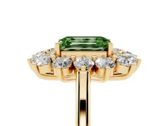 Fancy Green Emerald Cut Diamond Floral Double Halo Ring Set in Yellow gold with Round Petals