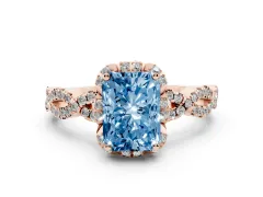Fancy Blue Radiant Cut Diamond Halo Twist Band Solitaire Ring Set in Rose gold with Prong-Set Center Stone