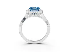 Fancy Blue Asscher Cut Diamond Halo Ring Set in Silver with Leaf Motif Split Shank and Prong Setting