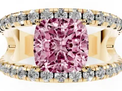 Fancy Pink Cushion Cut Diamond Split Shank Pavé Solitaire Ring Set in Yellow gold with Open Shank Design