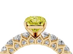 Fancy Yellow Radiant Cut Diamond Solitaire Ring Set in Yellow gold with Shared Prong Pavé Band
