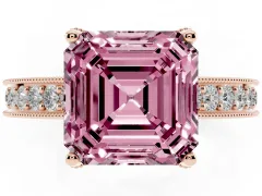Fancy Pink Asscher Cut Diamond Solitaire Ring Set in Rose gold with Milgrain-Edged Pavé Band and Prong Setting