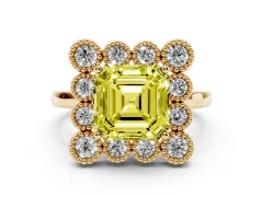 Fancy Yellow Asscher Cut Diamond Cluster Halo Ring Set in Yellow gold with Milgrain Bezel Accents and Plain Band