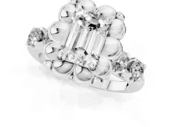 Emerald Cut Diamond Floral Halo Ring Set in White gold with Shared Prong Band