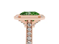 Fancy Green Radiant Cut Diamond Halo Milgrain Pavé Band Ring Set in Rose gold with Prong Setting