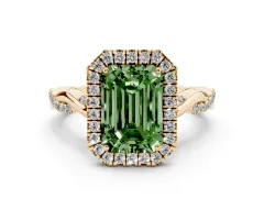 Fancy Green Emerald Cut Diamond Halo Twist Band Solitaire Ring Set in Yellow gold with Prong Setting