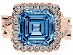 Fancy Blue Asscher Cut Diamond Halo Ring Set in Rose gold with Leaf Motif Split Shank and Prong Setting