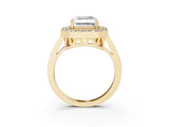 Asscher Cut Diamond Halo Ring Set in Yellow gold with Accent-Lined Split Shank and Prong Setting