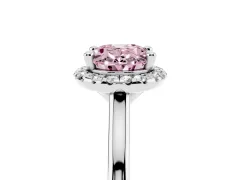 Fancy Pink Oval Cut Diamond Halo Engagement Ring Set in Silver with Pavé Band and Rising Shoulders