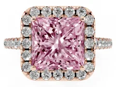 Fancy Pink Princess Cut Diamond Halo Pavé Engagement Ring Set in Rose gold with Prong Setting