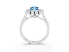 Fancy Blue Cushion Cut Diamond Cluster Halo Ring Set in Silver with Milgrain Bezel Accents and Plain Band