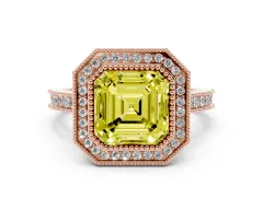 Fancy Yellow Asscher Cut Diamond Halo Milgrain Pavé Band Ring Set in Rose gold with Prong Setting