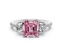Fancy Pink Asscher Cut Diamond Three-Stone Ring Set in Silver with Pavé Band and Graduated Sides