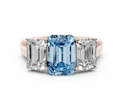 Fancy Blue Emerald Cut Diamond Three-Stone Ring Set in Rose gold with Plain Polished Band
