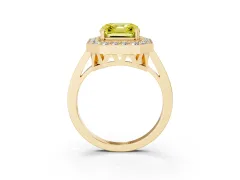 Fancy Yellow Asscher Cut Diamond Halo Ring Set in Yellow gold with Accent-Lined Split Shank and Prong Setting