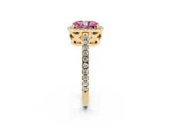 Fancy Pink Radiant Cut Diamond Halo Ring Set in Yellow gold with Pavé Shoulders and Halo-Framed Center