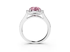 Fancy Pink Round Cut Diamond Halo Ring Set in Silver with Pavé-Lined Shoulders and Prong Setting