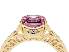 Fancy Pink Asscher Cut Diamond Halo Ring Set in Yellow gold with Channel Set Band and Prong Setting