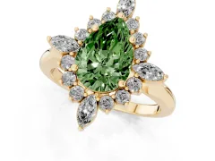 Fancy Green Pear Cut Diamond Cluster Halo Ring Set in Yellow gold with Marquise and Round Accents