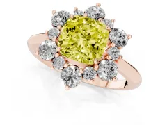 Fancy Yellow Cushion Cut Diamond Cluster Halo Ring Set in Rose gold with Solitaire Band and Prong Setting