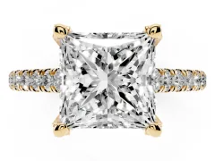 Princess Cut Diamond Solitaire Ring Set in Yellow gold with Brilliant Pavé Band and Prong Setting