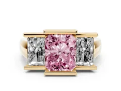 Fancy Pink Radiant Cut Diamond Three-Stone Channel Set Ring Set in Yellow gold with Smooth Polished Band