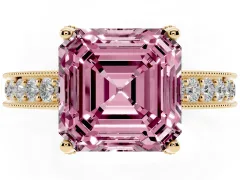 Fancy Pink Asscher Cut Diamond Solitaire Ring Set in Yellow gold with Milgrain-Edged Pavé Band and Prong Setting
