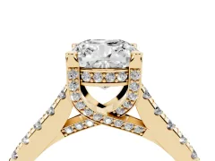 Cushion Cut Diamond Solitaire Ring Set in Yellow gold with Brilliant Pavé Band and Prong Setting
